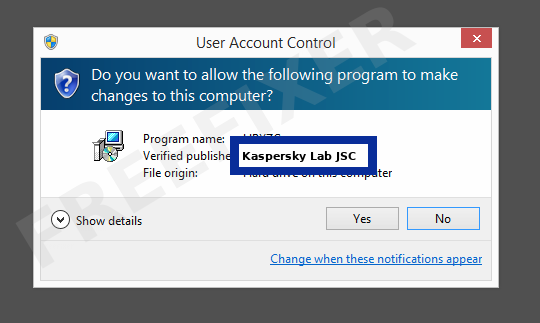 Screenshot where Kaspersky Lab JSC appears as the verified publisher in the UAC dialog